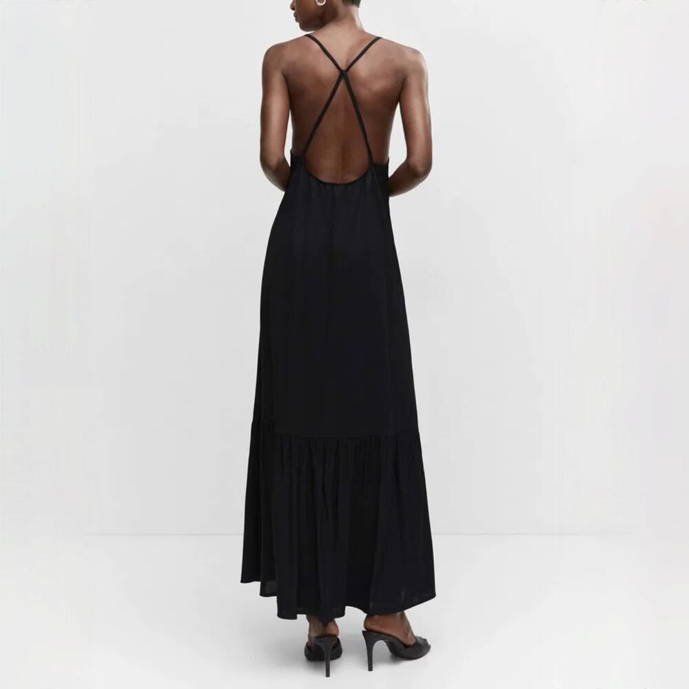 NWT MANGO Cross-Back Maxi Dress - Flowy Tiered - Black - Size 6 Medium